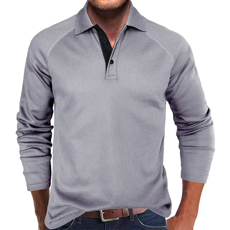 Men's Spring Autumn Turn Down Collar Long Sleeve Business Anti-Shrink Polo Shirt