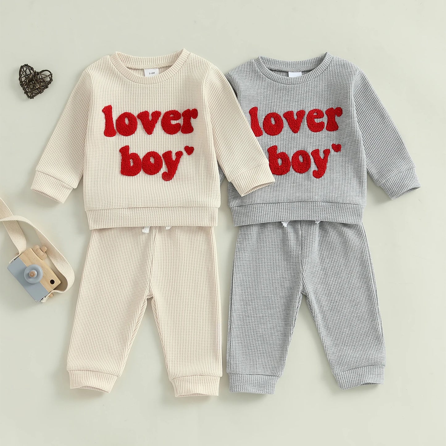 0-3Y Baby Boys Valentine's Day Clothes Sets Letter Embroidery Ribbed Long Sleeve Sweatshirts Drawstring Pants