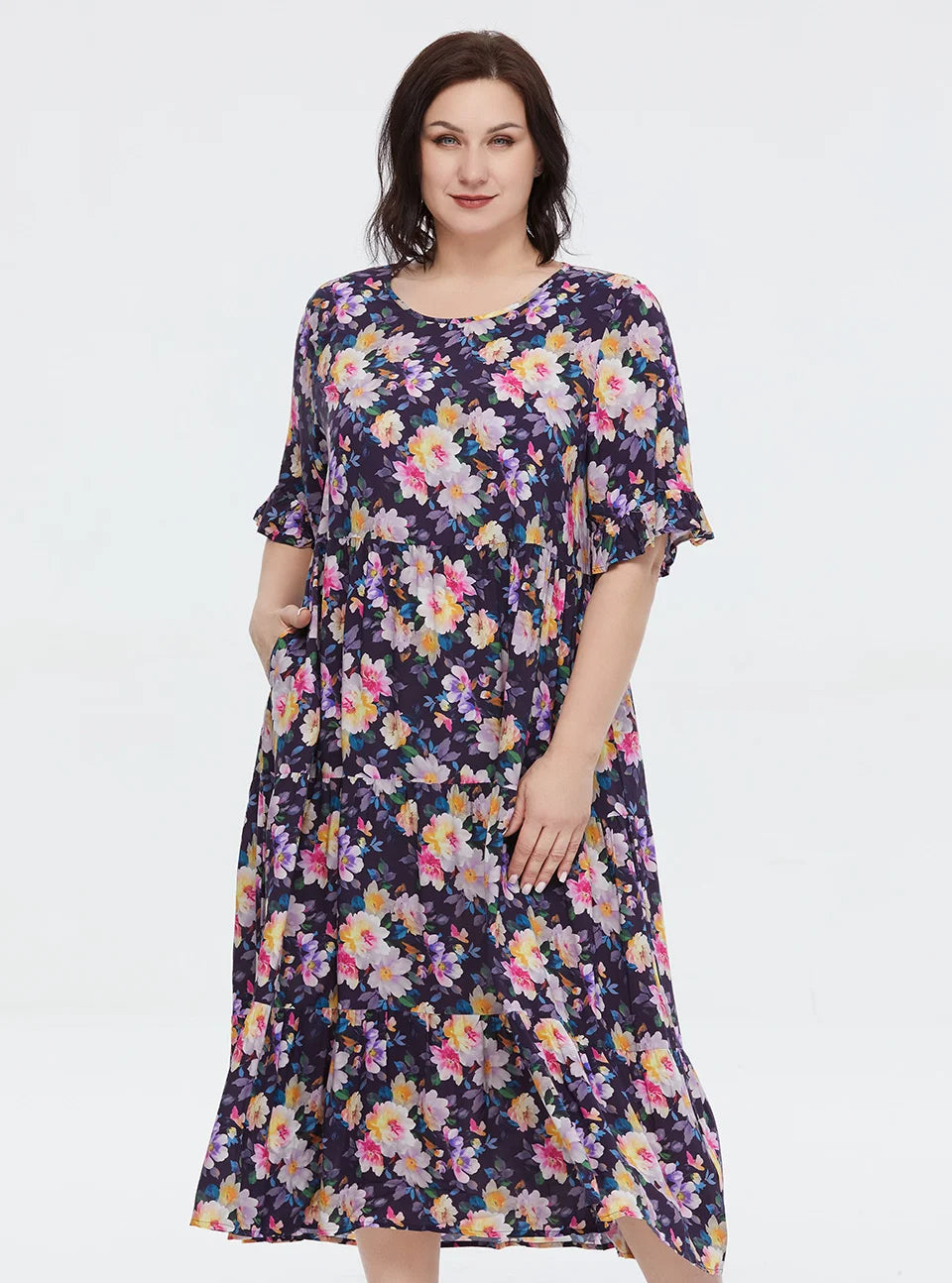 Women's Oversized Floral Print A-Line Midi Dress