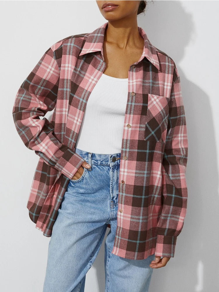 Women's Retro Plaid Turn Down Collar Shirt