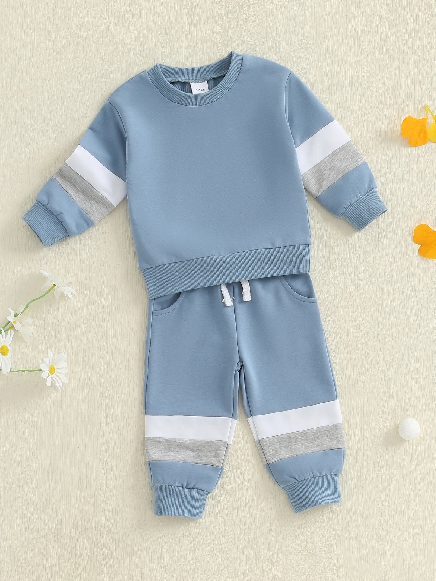 0-3Y Infant Baby Boys Casual Clothes Set Patchwork Long Sleeve Pullover Sweatshirt with Elastic Waist Pants