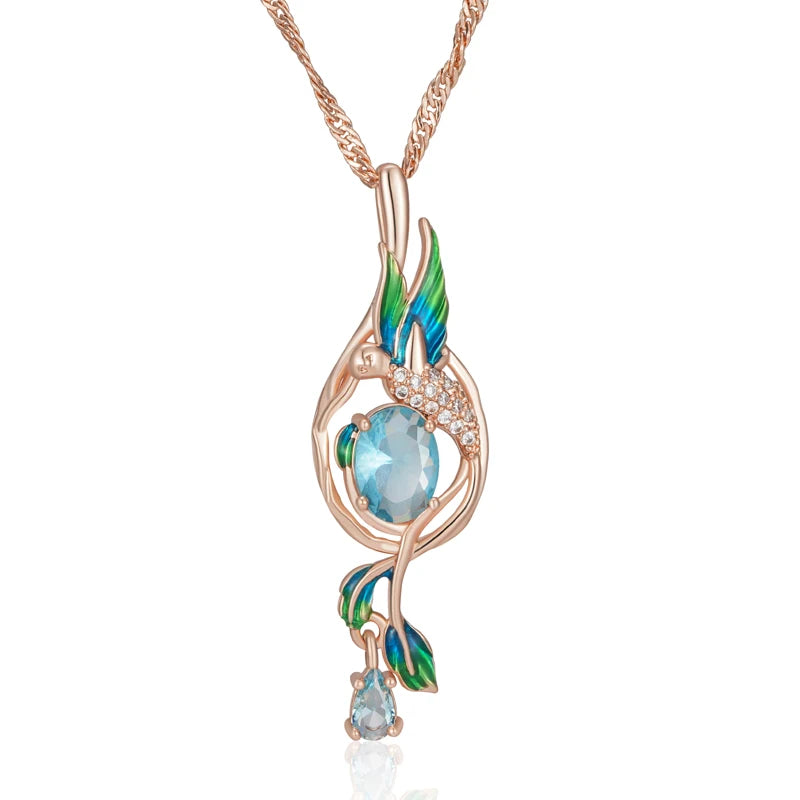 Colourful Enamel Peacock Pendant Necklace - Rose Gold Blue Zircon Jewellery