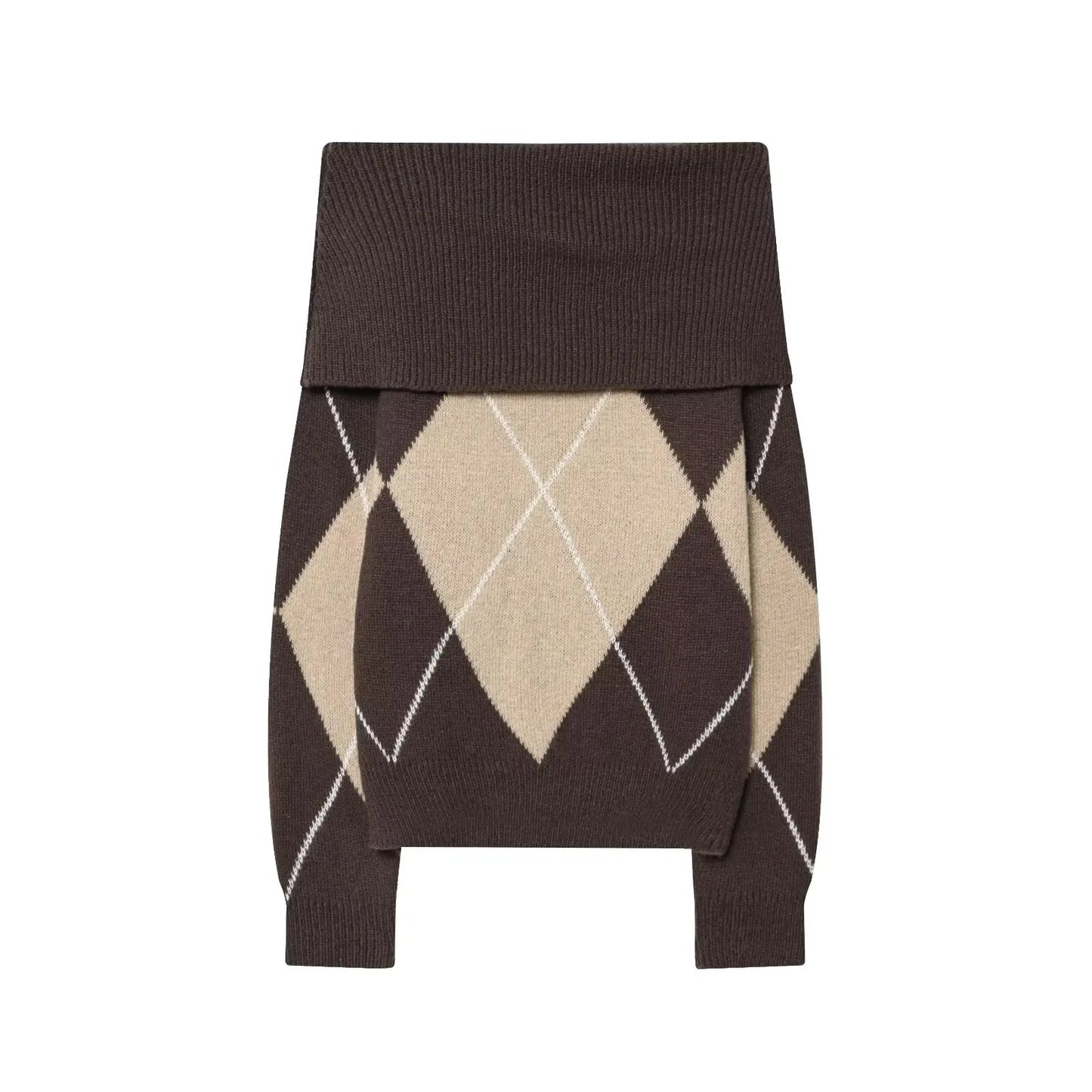 Vintage Argyle Off Shoulder Knit Sweater - Long Sleeve Loose Casual Pullover