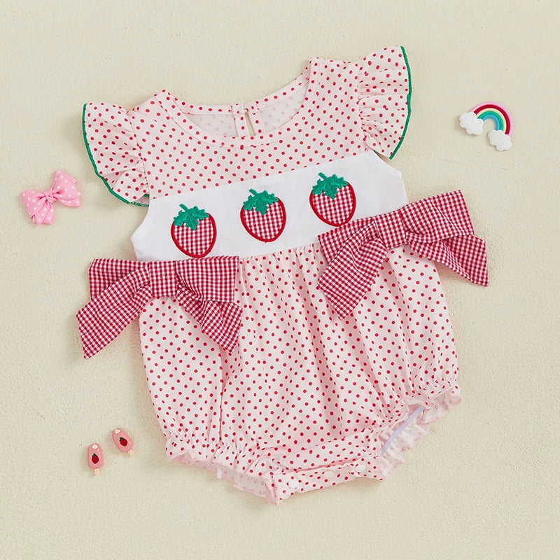 0-18M  Baby Girls Romper for Summer Strawberry Embroidery Dot Print Crew Neck Ruffled Flying Sleeve Babygrow Jumpsuit