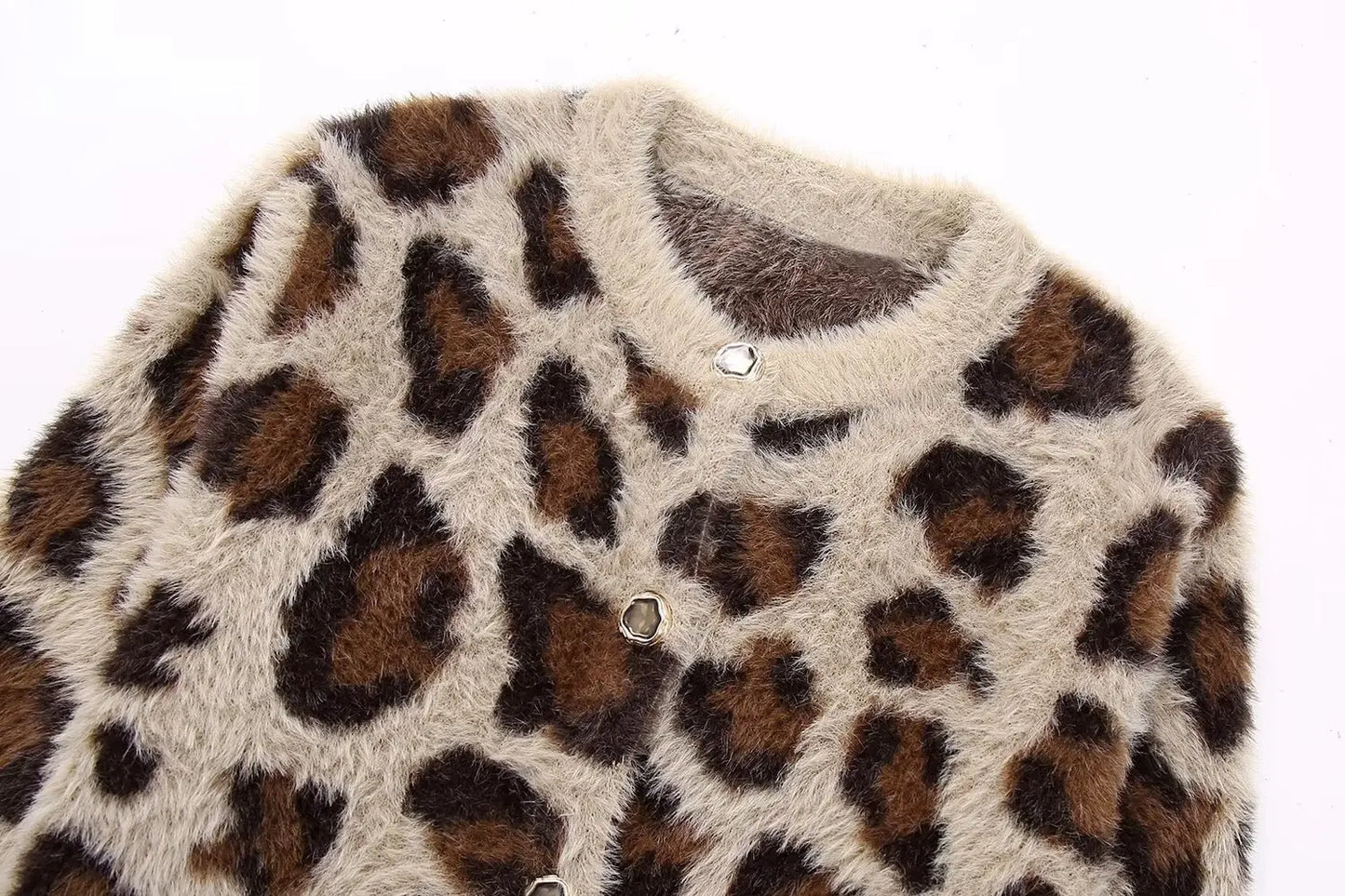 Women's Leopard Print Knit Sweater Cardigan Round Neck Jacquard Long Sleeve Knitted Jacket