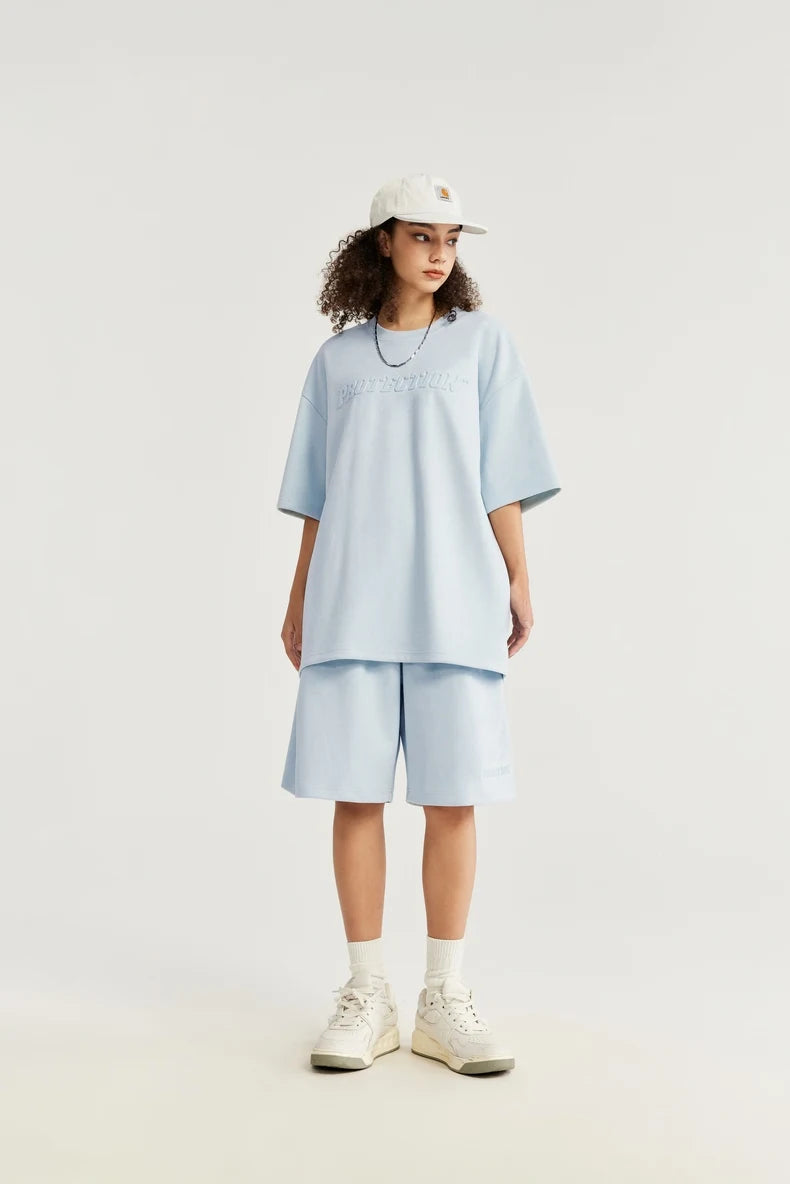 Unisex Oversized Suede Fabric Embossed T-shirts and Shorts Set