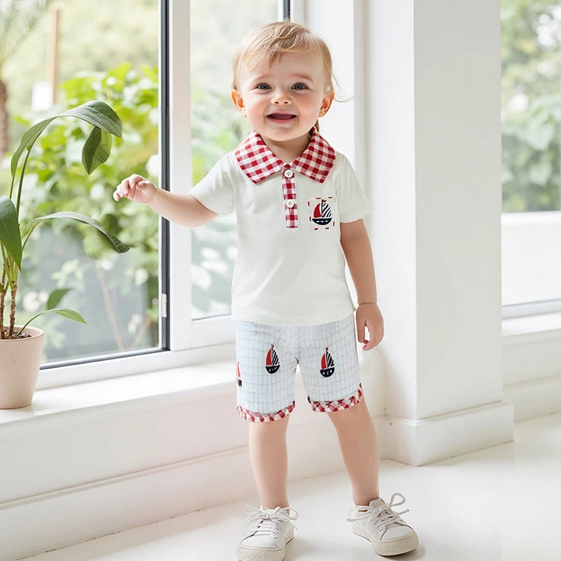 Baby Boys' Independence Day Outfit Set - Plaid Short Sleeve Shirt & Sailboat Shorts