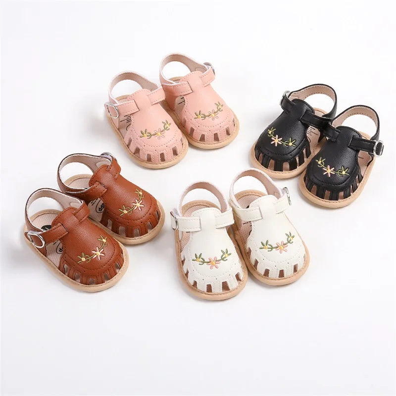 Newborn Baby Sandals PU Leather Non-slip Flower Embroidery Summer Flats Shoes