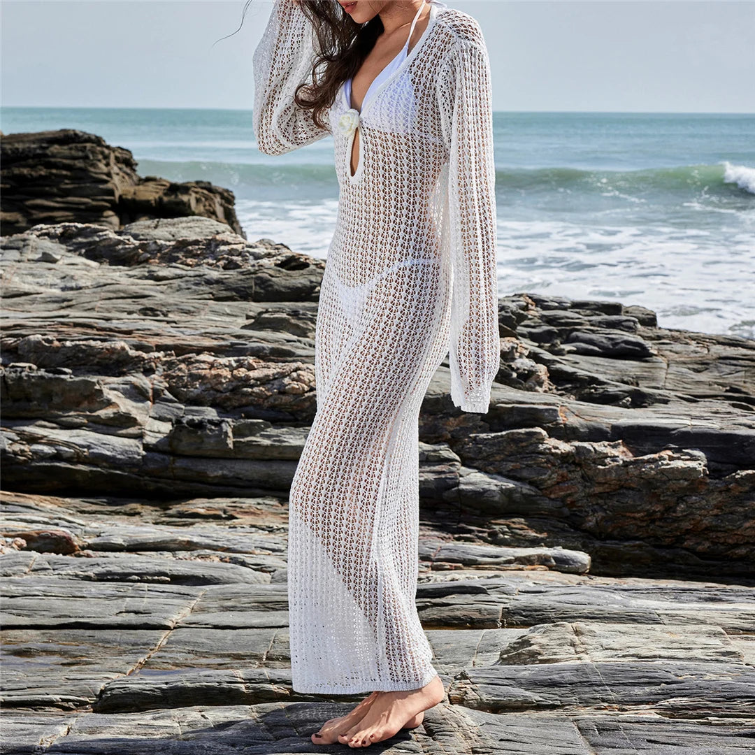 3D Flower V Neck Crochet Knitted Beach Cover Up Tunic