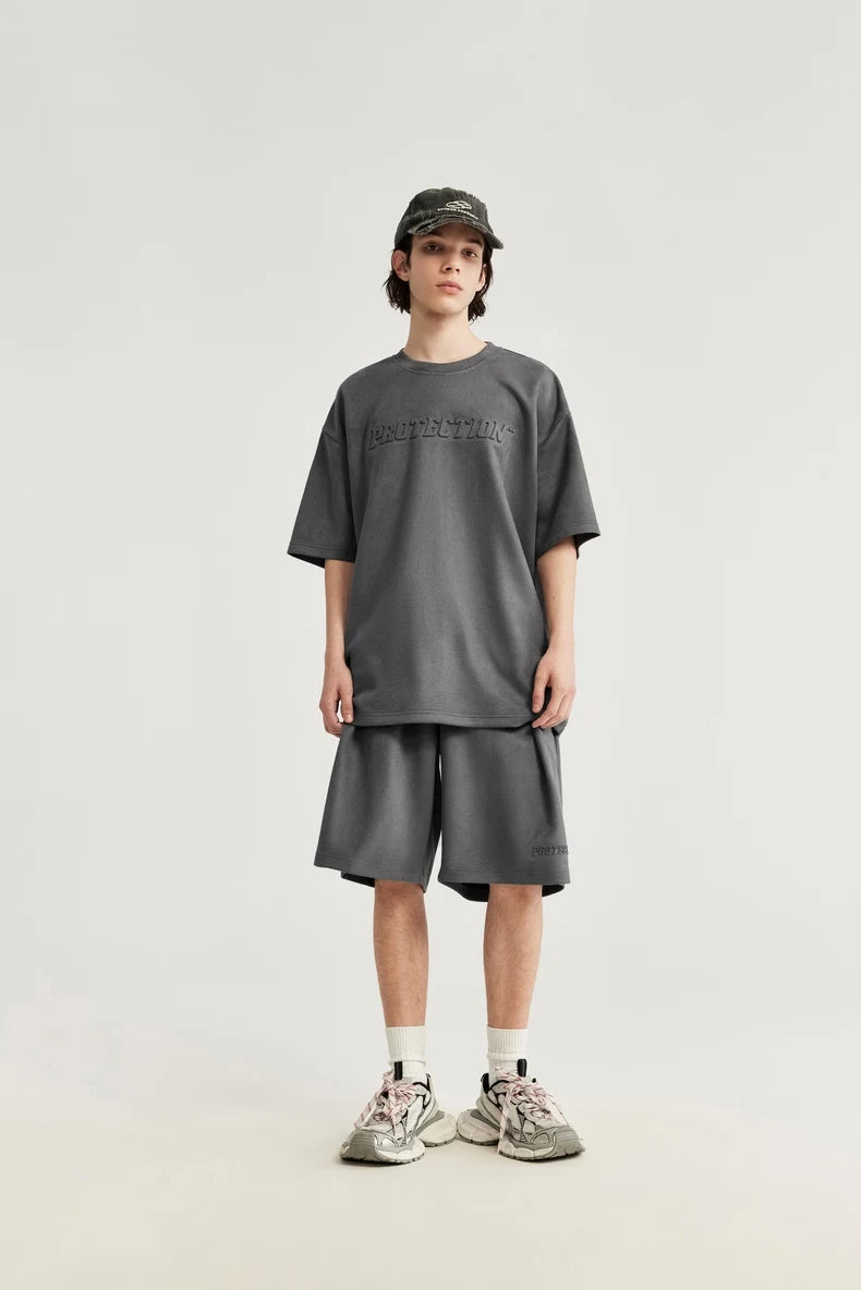 Unisex Oversized Suede Fabric Embossed T-shirts and Shorts Set