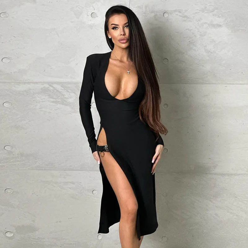 Women's Deep V Neck High Waist Split Midi Long Sleeve Party Dress