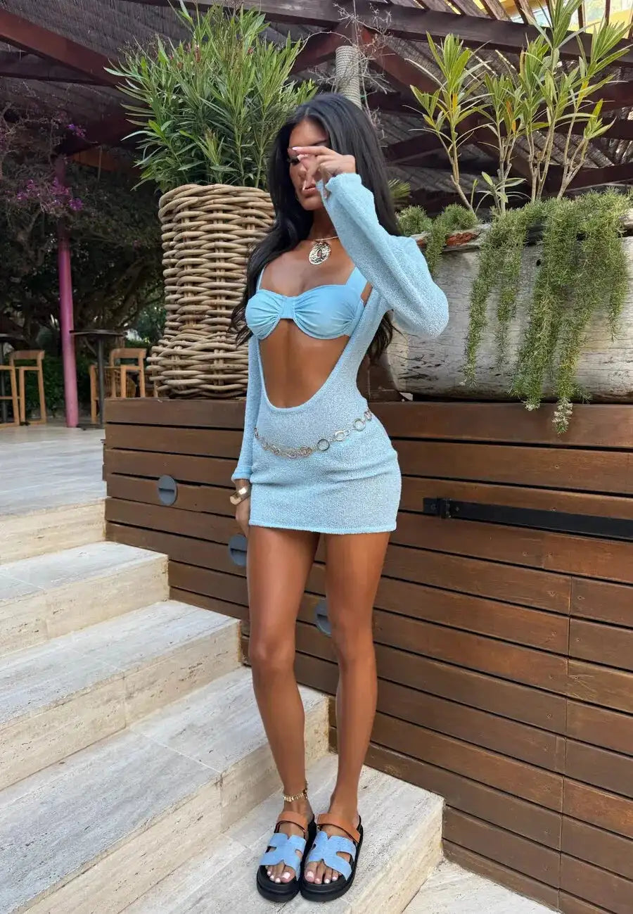 3-Piece Halter Cut-Out Bikini Set with Cover Up - Beach Swimwear