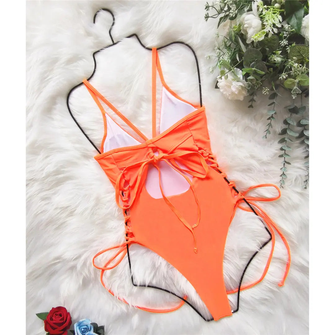 Women's Lace Up Underwired One Piece Swimwear Backless Swimsuit