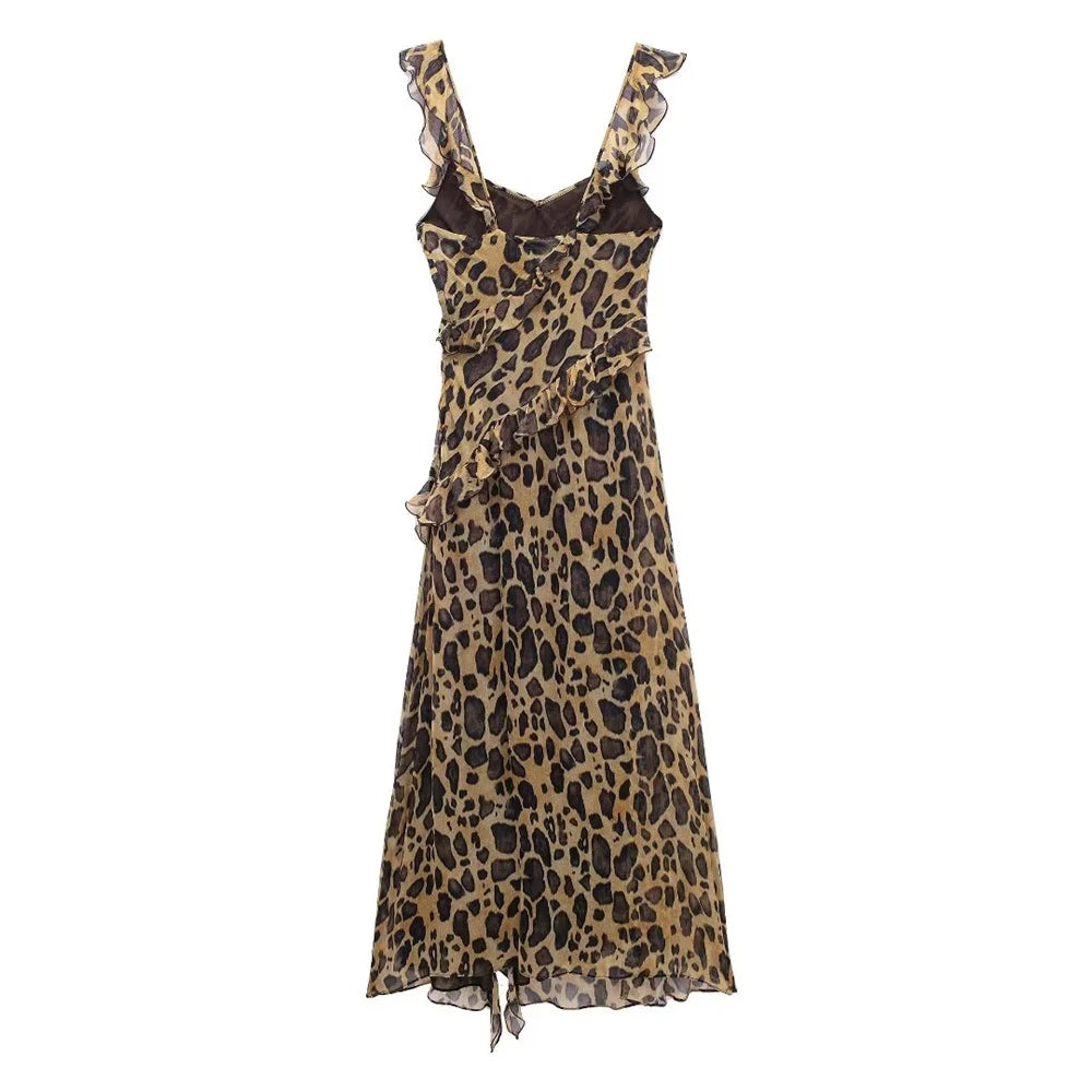 Women's Spring and Summer  Temperament Ruffle Edge Leopard Print Dress