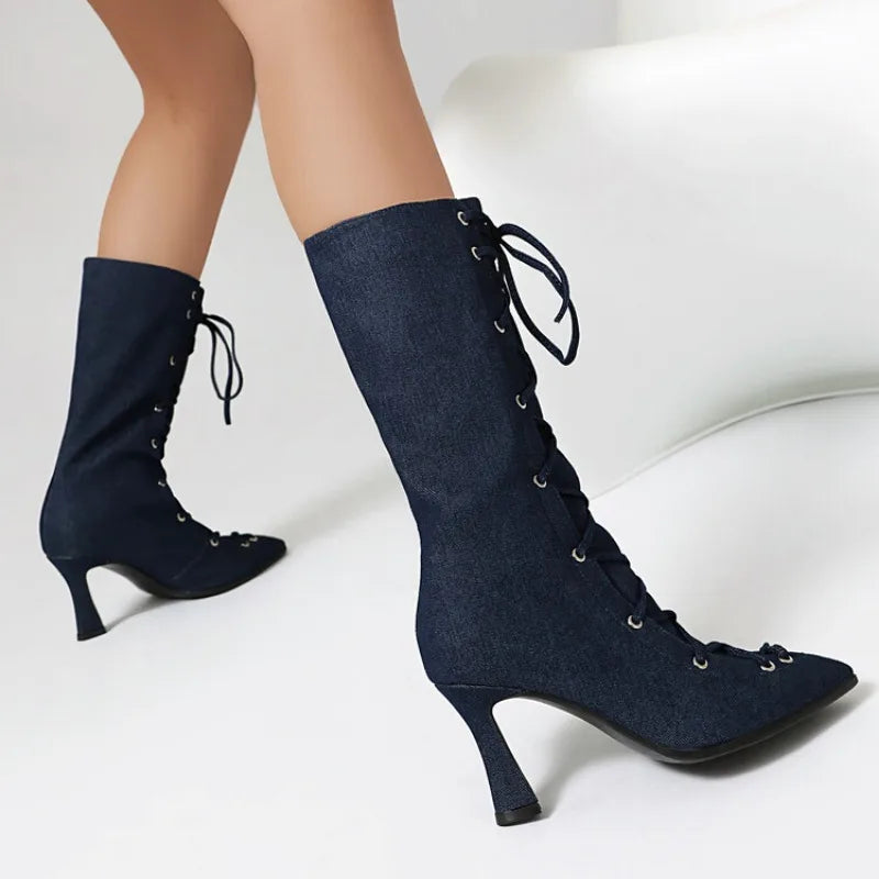 Women's Denim Blue 8cm Short Heel Ankle Boots