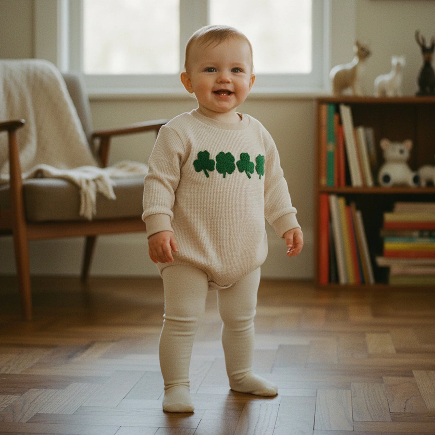 Baby Boys Girls Festival Romper - Shamrock Embroidery Plaid Long Sleeve Jumpsuit