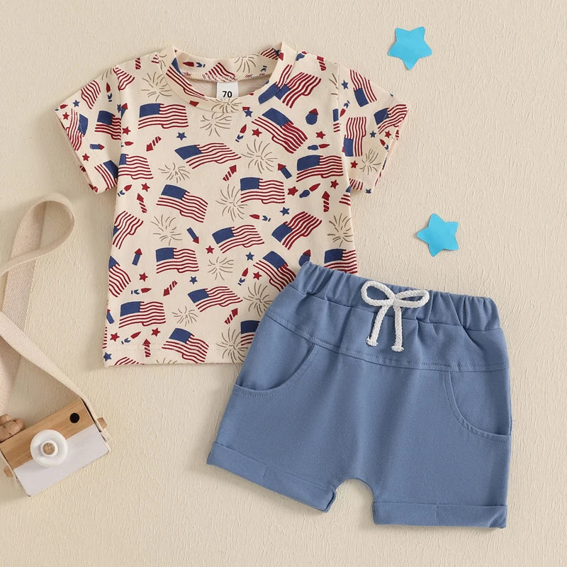 0-3Y Infant Baby Boys American Flag Clothes Sets Short Sleeve Flag Print T Shirts Drawstring Shorts Set