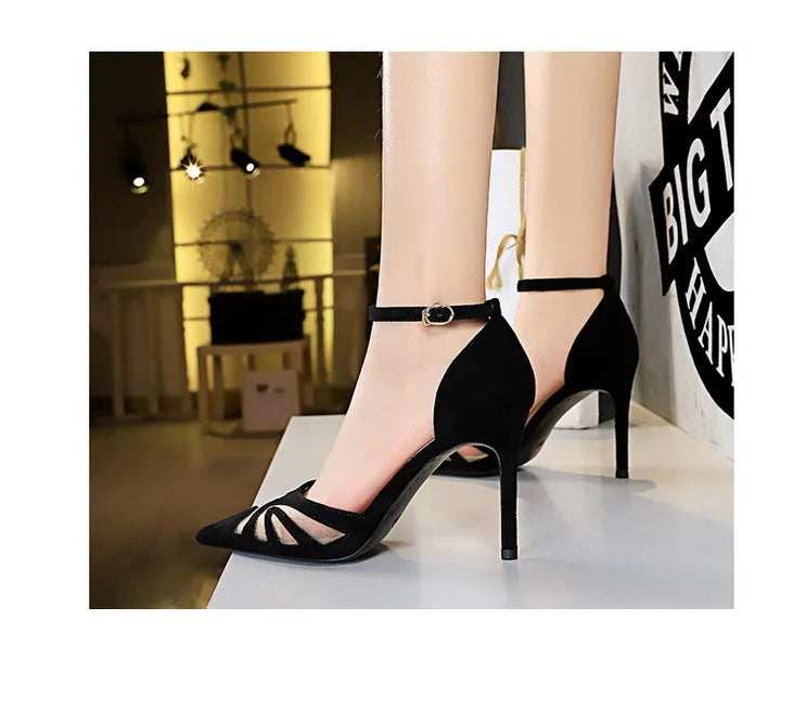 Women's Mesh Hollow Suede High Heels Stiletto Shoes