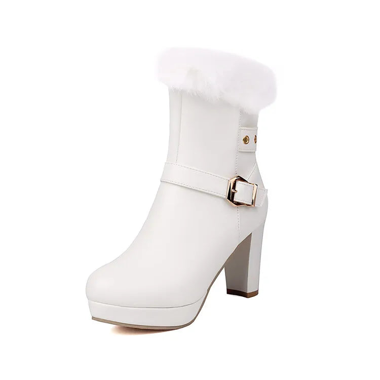 Studded Ankle Boots - 8cm High Heel with Plush Collar and Metal Belt