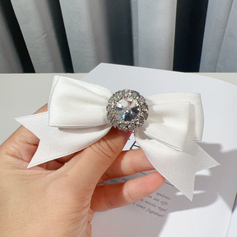 Handmade Fabric Bow Tie Brooch - Rhinestone Crystal Lapel Pin for Women