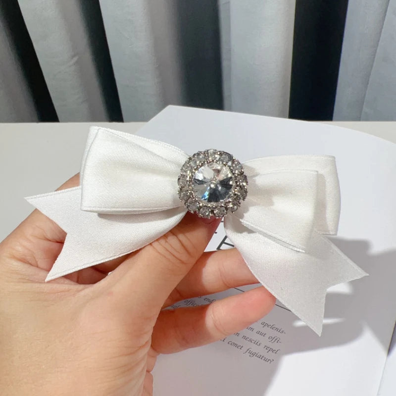 Handmade Fabric Bow Tie Brooch - Rhinestone Crystal Lapel Pin for Women