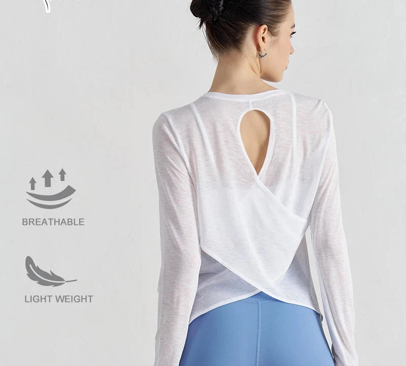 Tear Drop Back Running Top - Long Sleeve Quick Dry Breathable Yoga Shirt