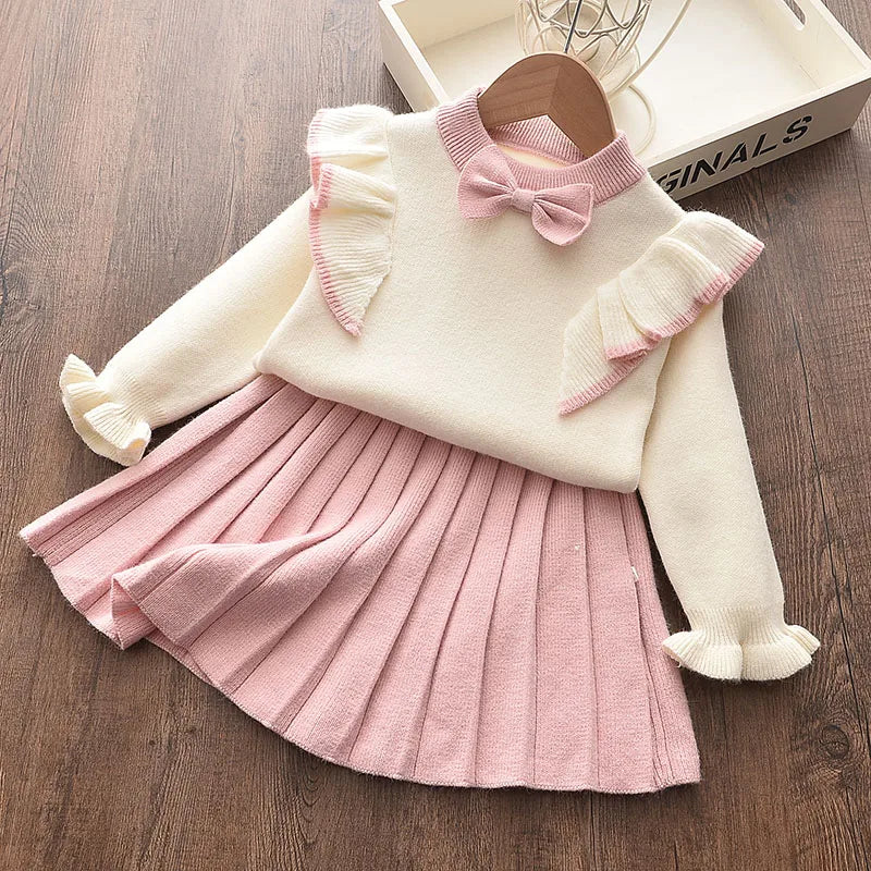 Girls' Knitted Embroidery Sweater & Skirt Set – Autumn Winter 2-Piece Outfit