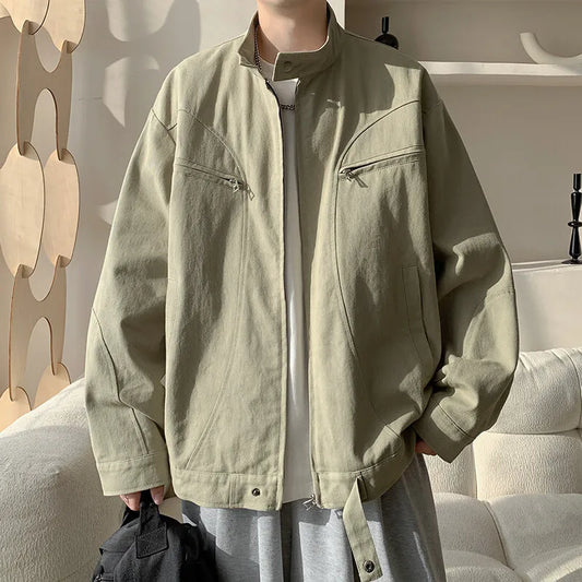 Men's High Street Patchwork Jacket - Cotton Stand Collar Loose Outerwear