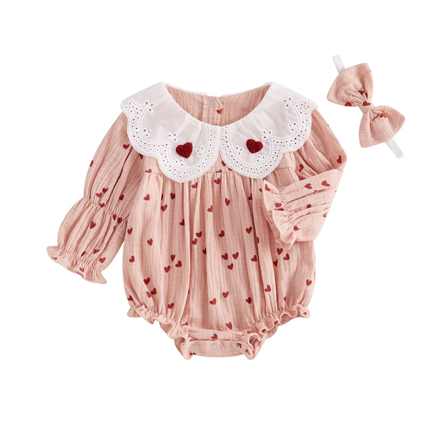 Baby Girls Striped Romper with Heart Embroidery & Hairband Set (0-18M)