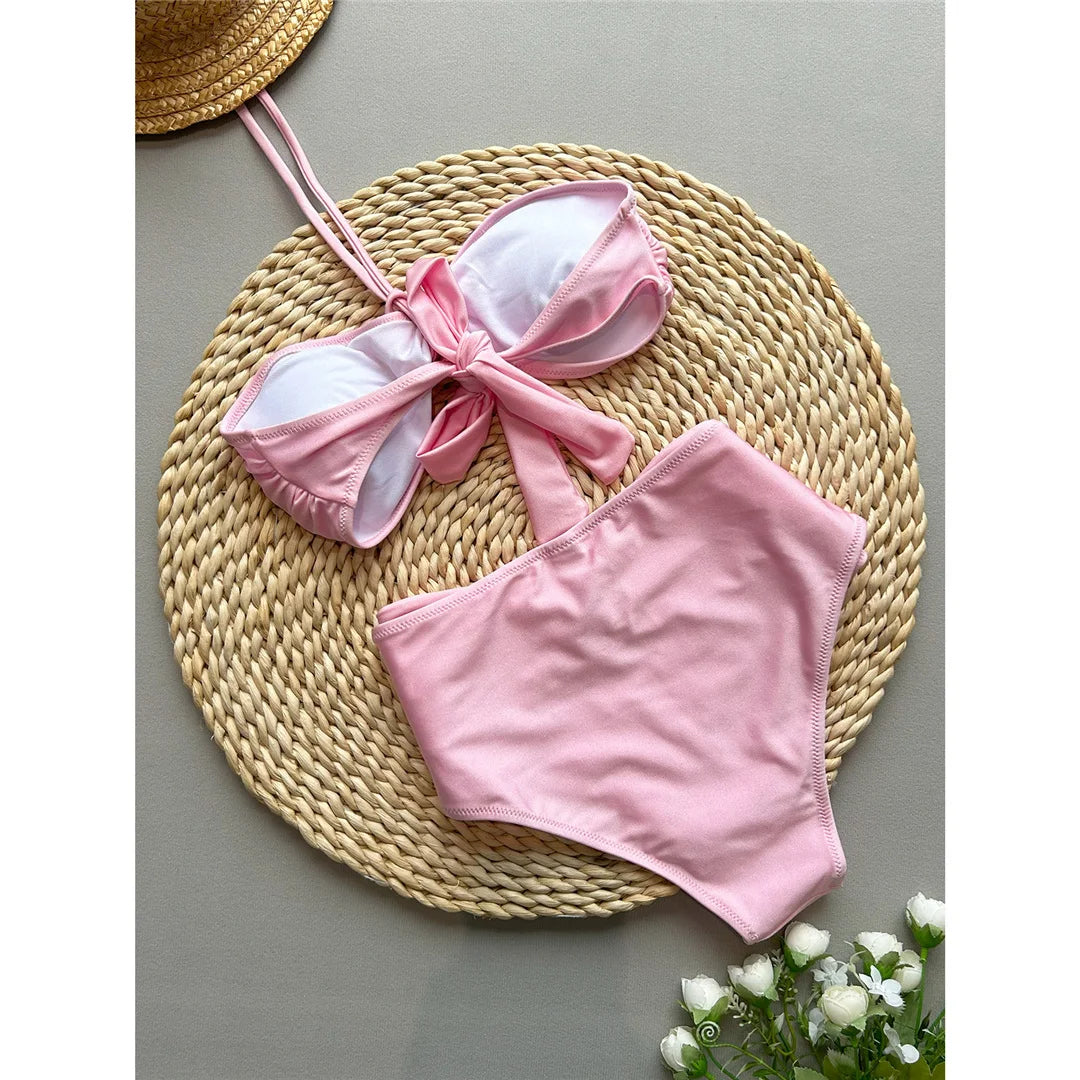 Pearl Detail High Waist Halter Bikini Set