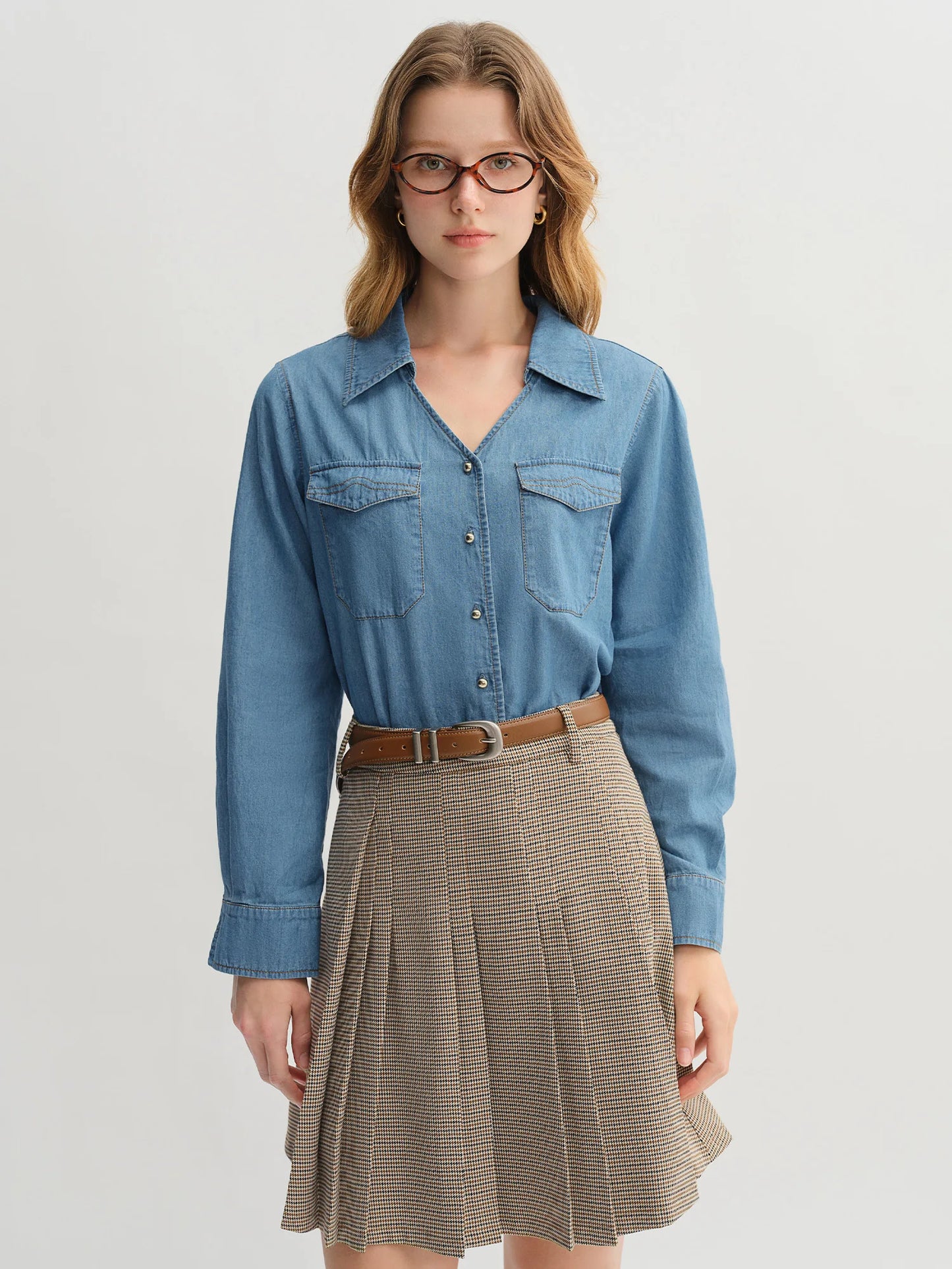 Women's Plus Size Double Collar Denim Shirt - French Style Autumn Top