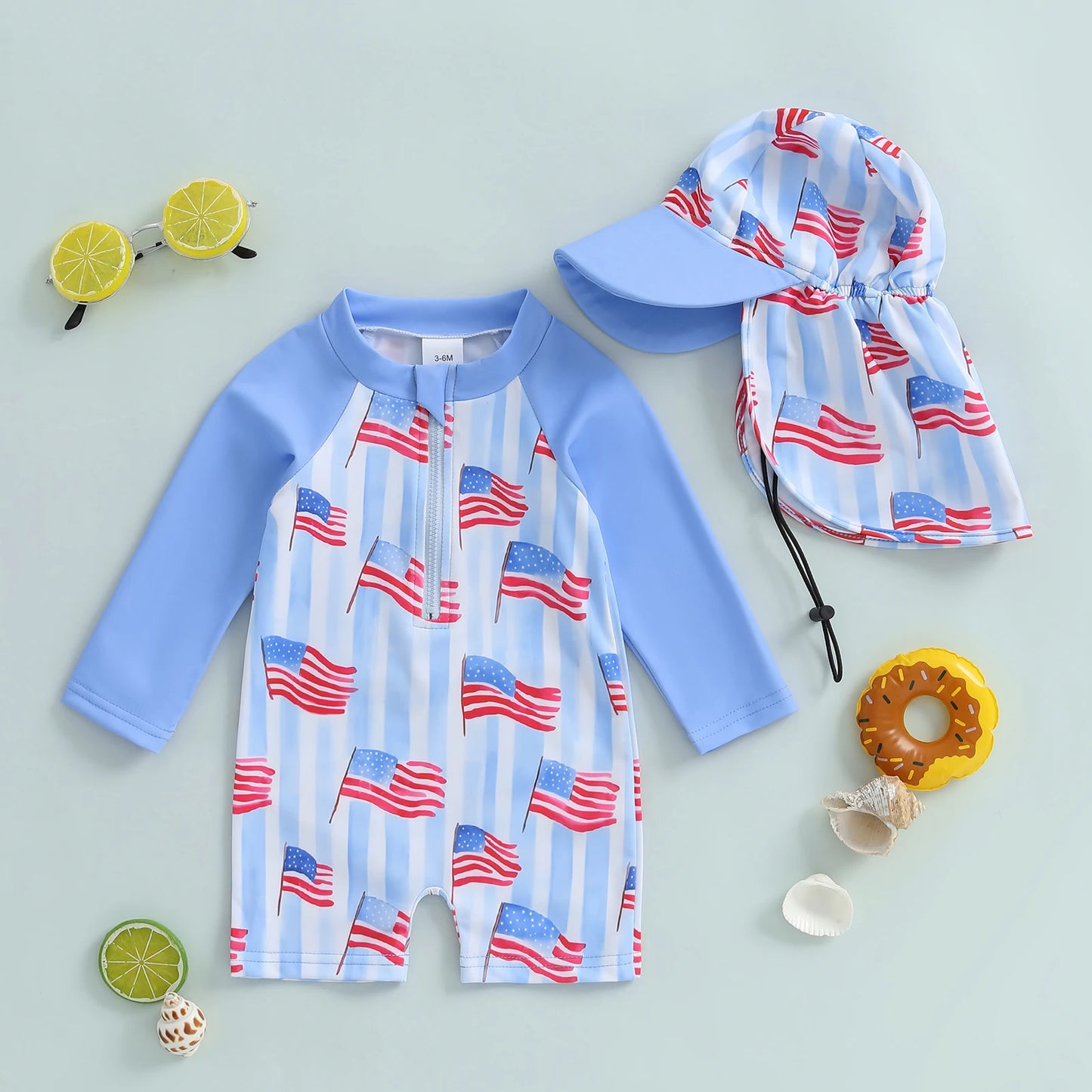 0-5Y Kids Boys Rash Guard Swimsuits Flag Print Long Sleeve Zip Up Bathing Suit with Neck Flap Sun Cap