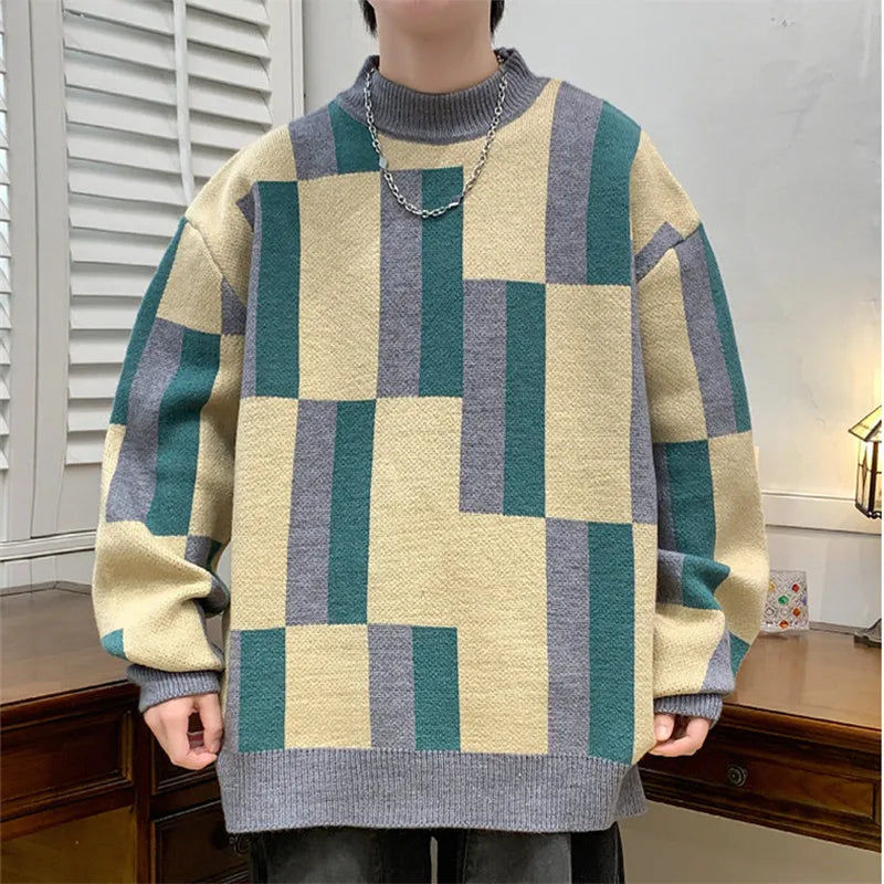 Men's Mock Neck Plaid Knitted Pullover Sweater