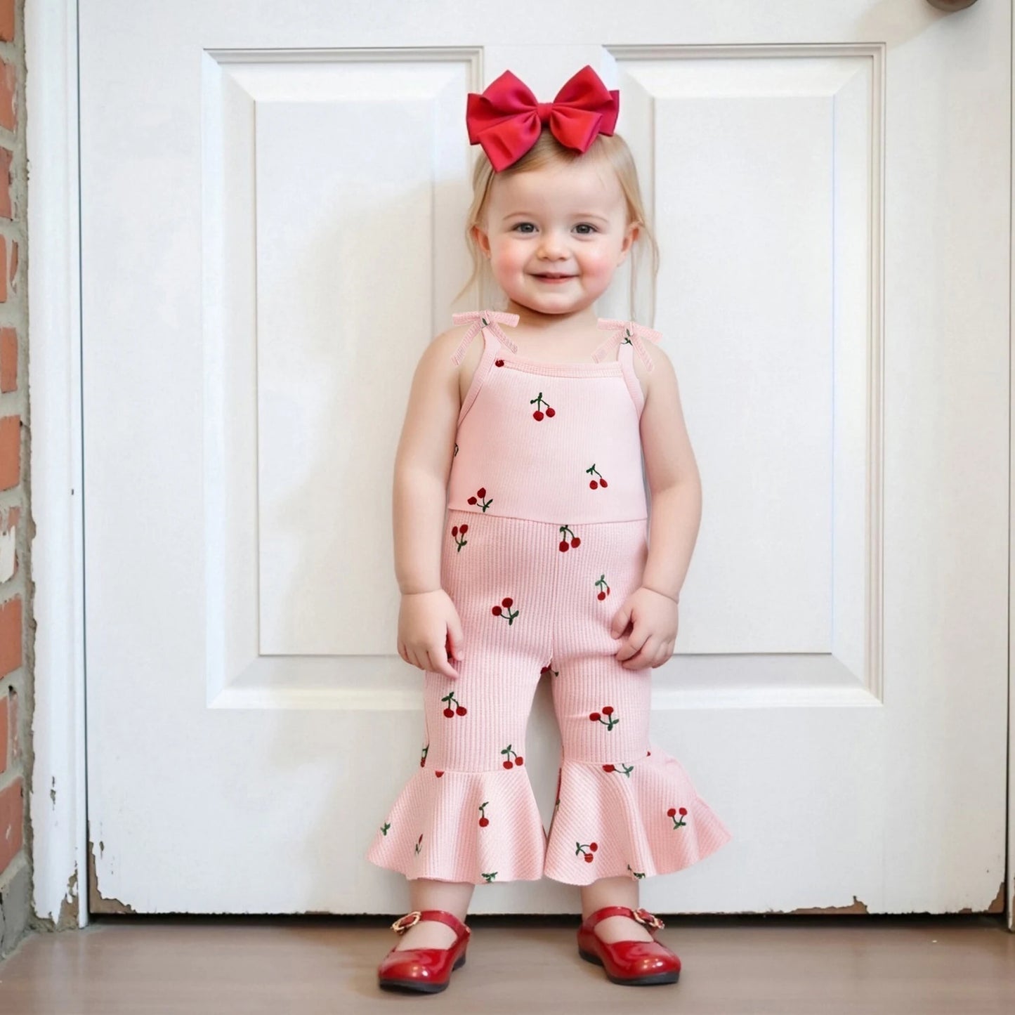 0-5Y Kids Girls Summer Jumpsuit Tie-up Spaghetti Straps Cherry Print Flare Romper Pants
