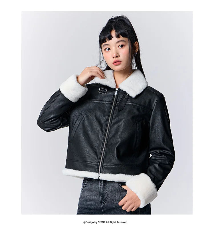 Quilted Faux Leather Cropped Jacket - Women's Winter Outerwear