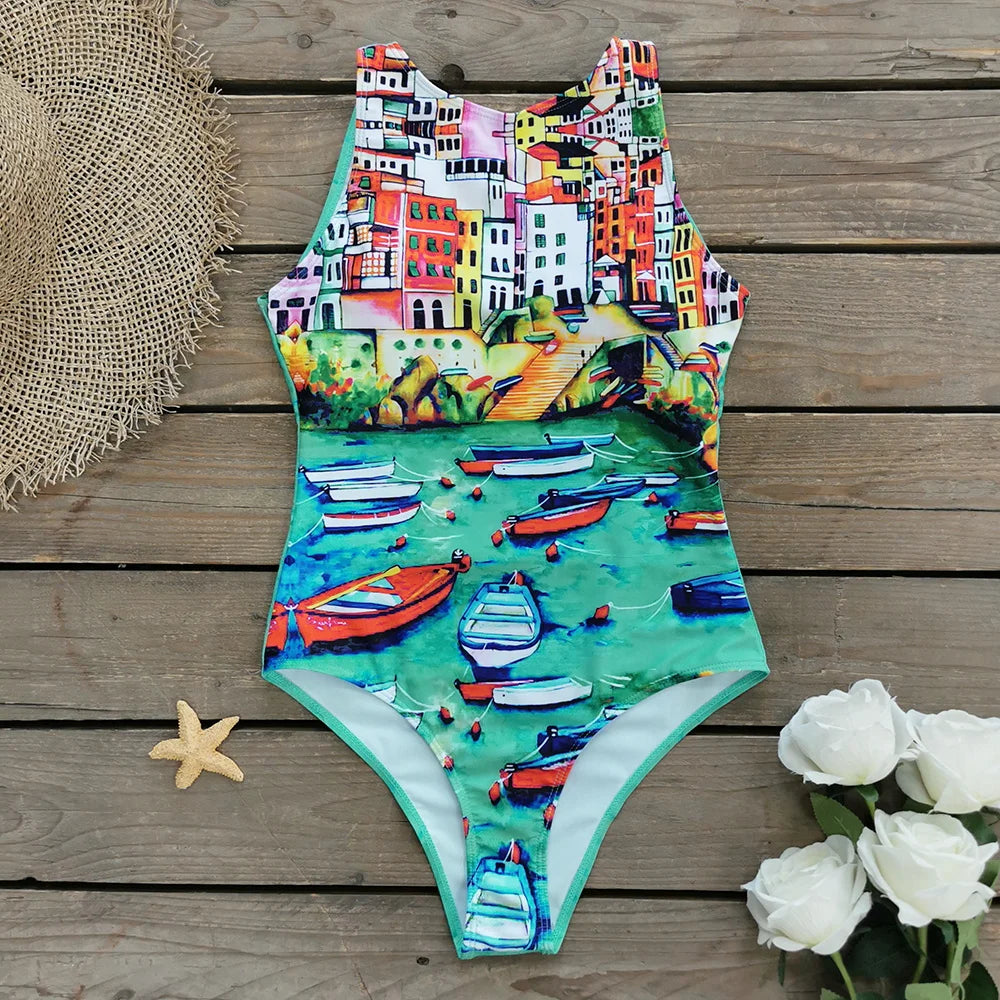 Women's Print One Piece Swimsuit Vintage Retro Backless Monokini