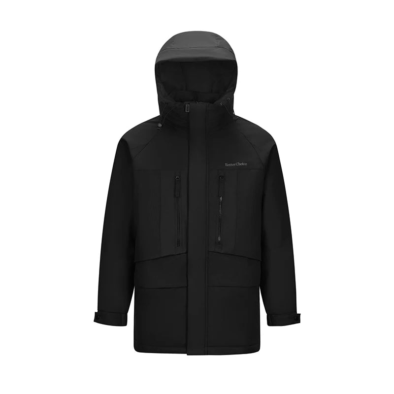 Mid-Length Down Jacket - Men's Color Block Hooded Winter Coat