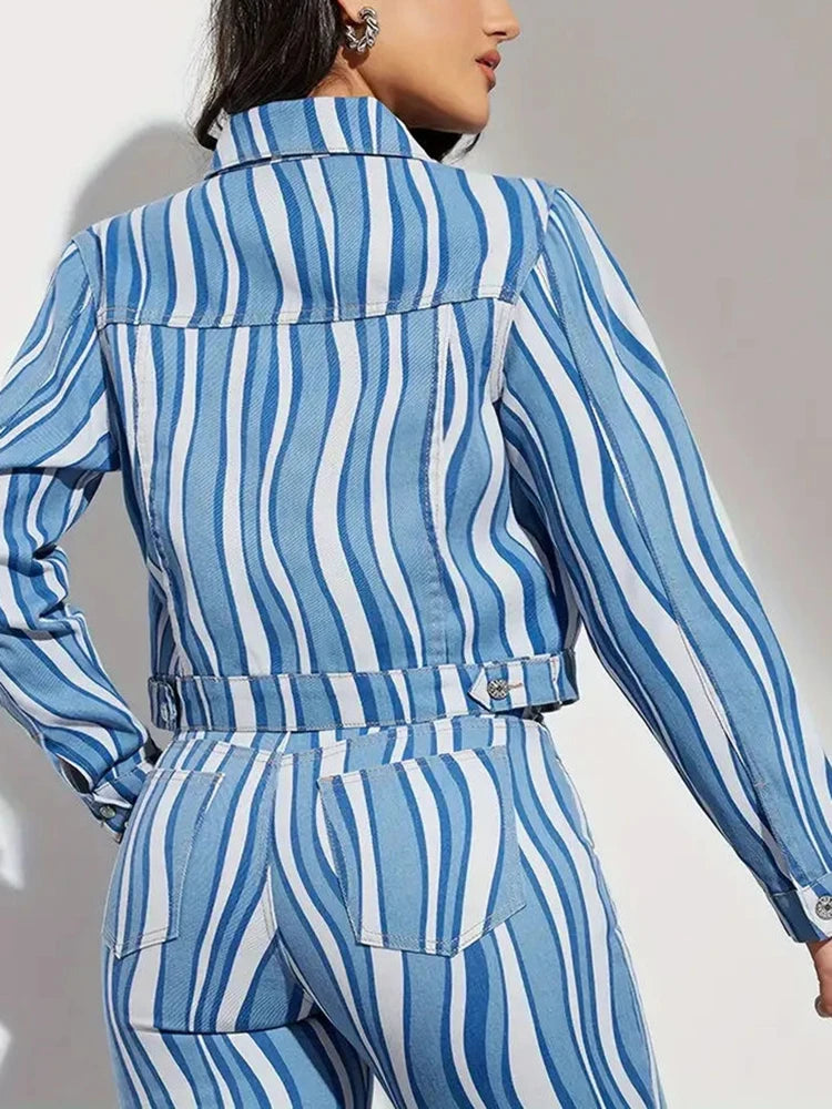 Women Lapel Long Sleeve Jacket High Waist Wide Leg Hit Colour Striped Two Piece Set