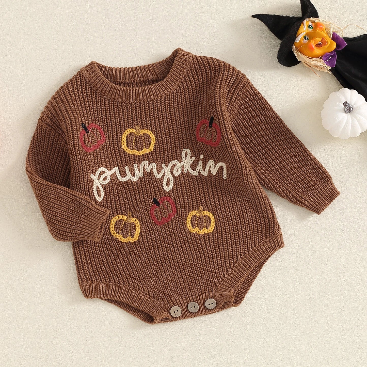 0-18M Baby Girls Boys Halloween Sweater Romper - Long Sleeve Letter Pumpkin Embroidery Jumpsuit