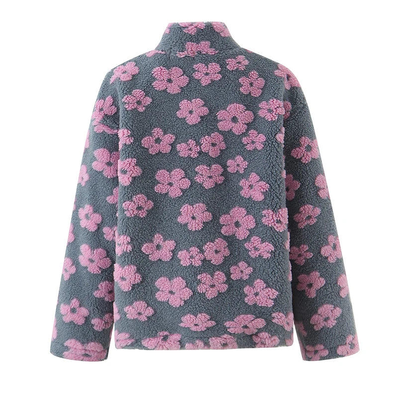 Lambswool Floral Sweatshirt - High Neck Long Sleeve Warm Pullover