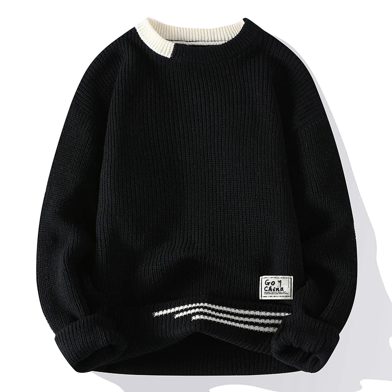 Men's Patchwork Knit Sweater - Slim Fit O-Neck Pullover for Autumn Winter