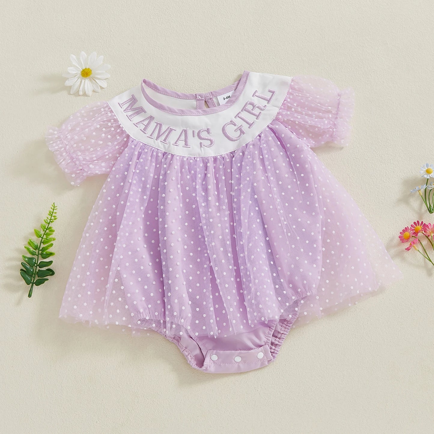 Baby Girls Birthday Romper Dress - Short Sleeve Dots Letters Embroidery Tulle Jumpsuit