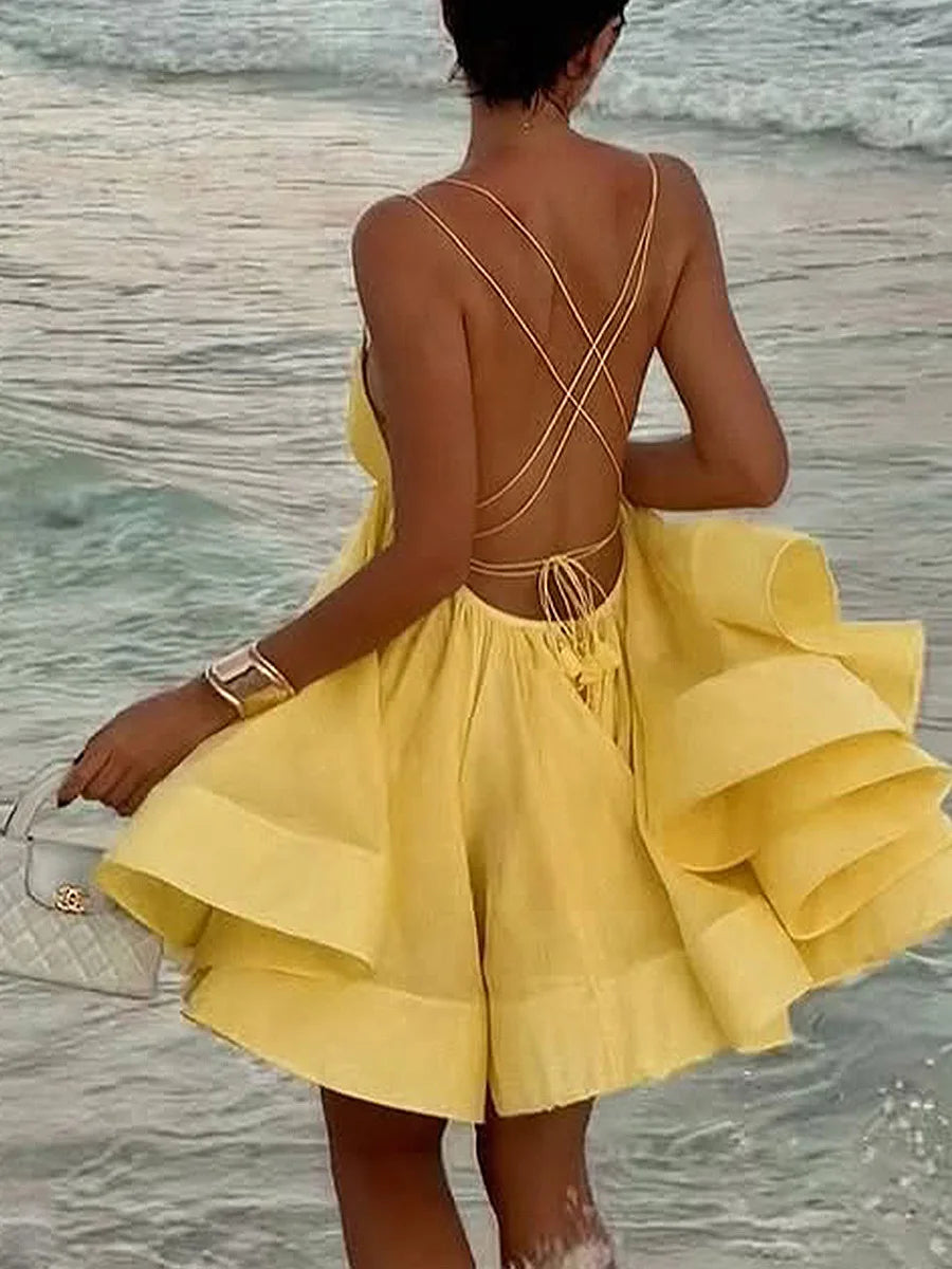 Women's A-Line Backless Mini Dress - V-Neck Bandage Summer Beachwear
