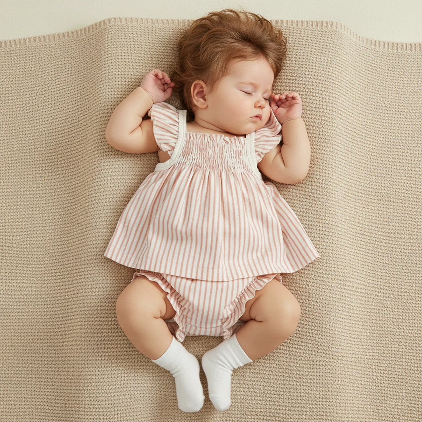 Baby Girls Striped Summer Outfit Set - Flying Sleeve Top & Shorts (0-24M)