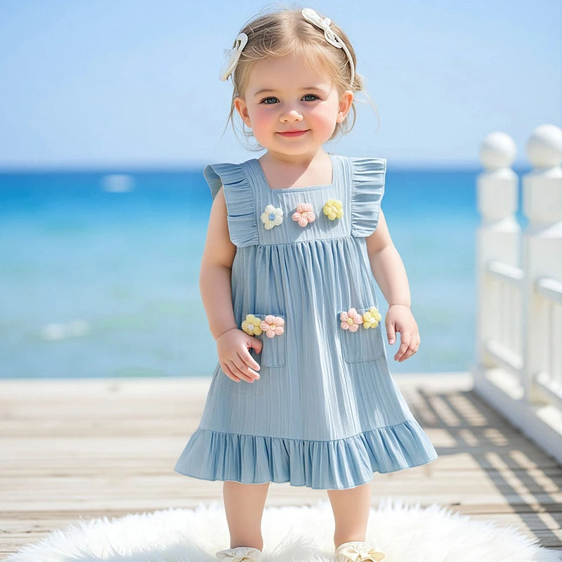 0-5Y  Kids Girls Dress Flower Embroidery Fly Sleeve Ruffles Hem Casual Summer A-Line Dress