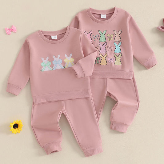 0-3Y  Baby Girls Easter Clothes Sets Rabbit Bow Print Long Sleeve Crew Neck Sweatshirt with Elastic Waist Pants