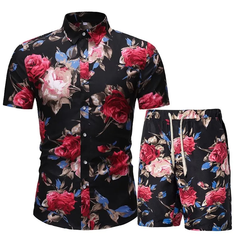 Men's Summer  Casual Set Print Hawaiian Short Sleeve Set Beach Wear Shirt and Shorts Set
