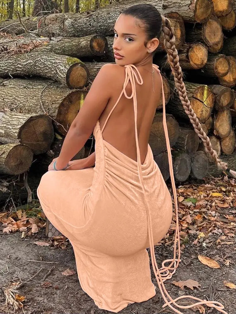 Women's Backless Draped Maxi  Party Sleeveless Knit Ruched Long Dress