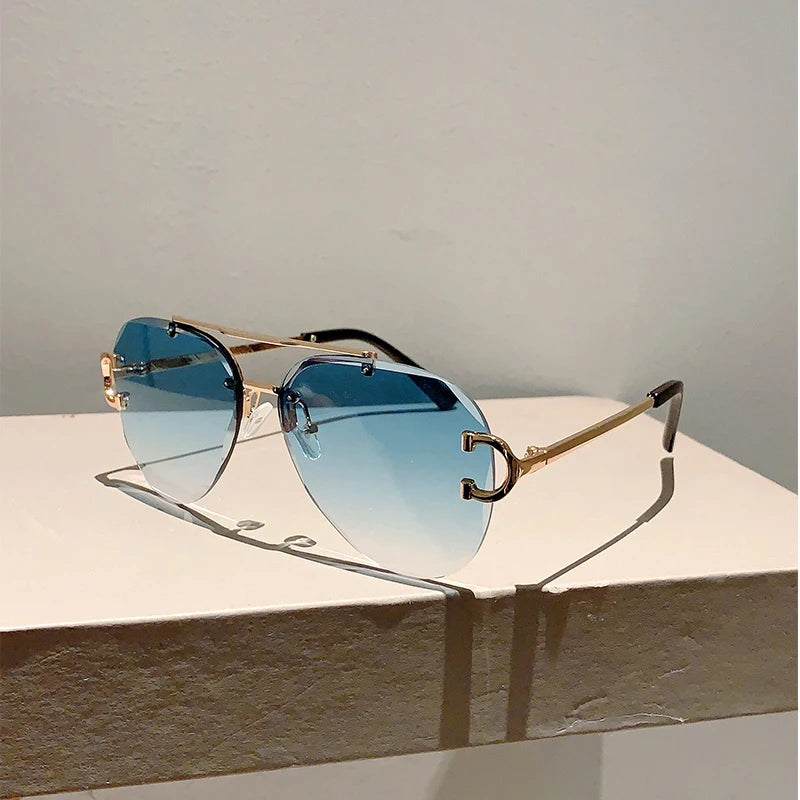 Unisex Vintage Rimless Classic Double Bridge Pilot Gradient Sunglasses