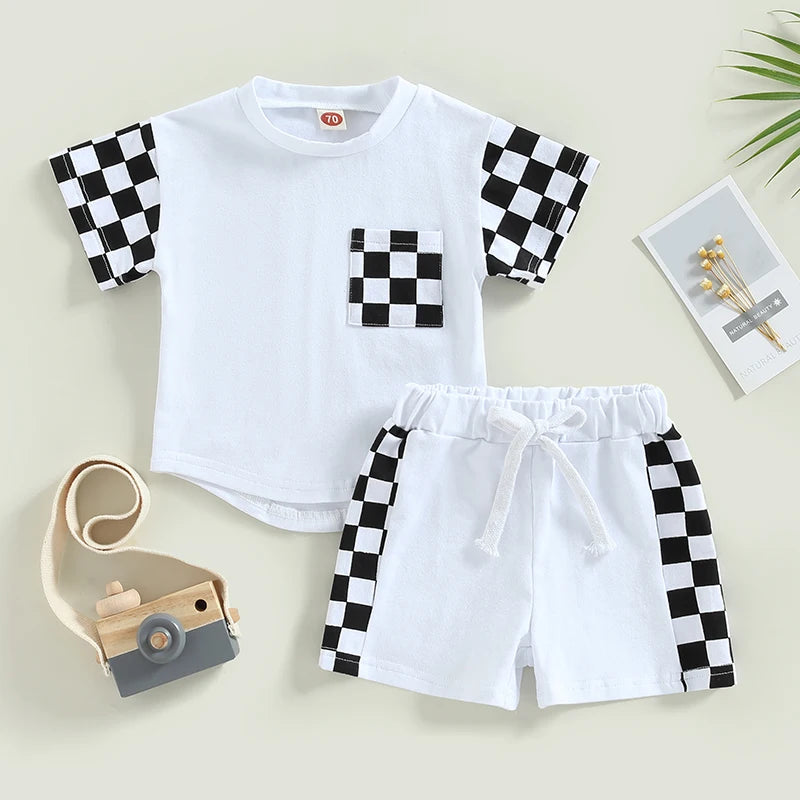 0-3Y Toddler Baby Boy Summer Clothes Sets Plaid Patchwork Short Sleeve Pocket T-Shirt and Elastic Waist Shorts